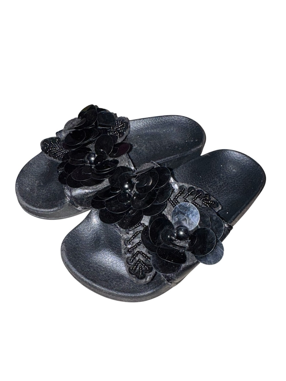 Kids Black Beaded Floral Slide Sandals